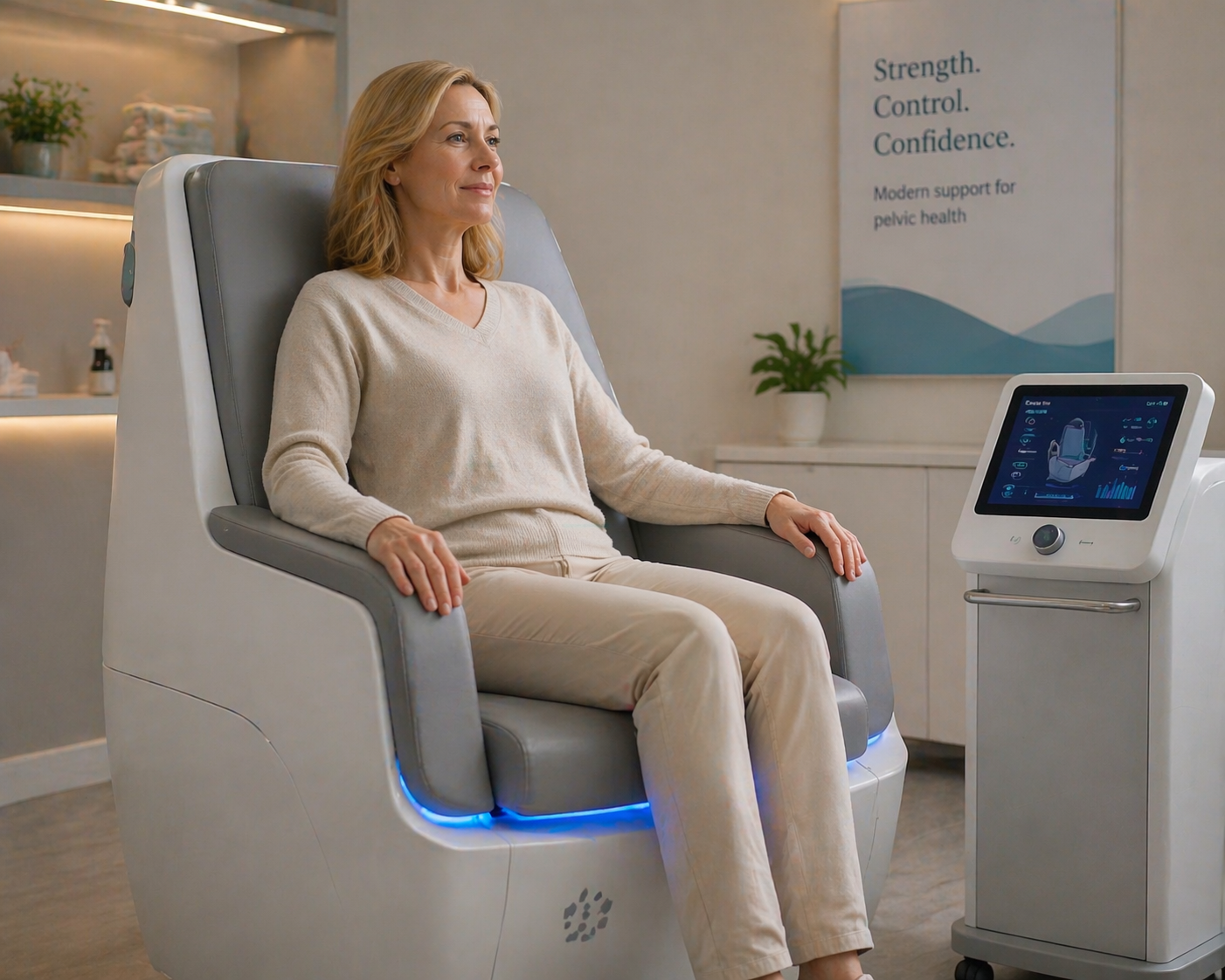A person sitting on a modern, comfortable chair designed for EMS treatment. The setting is calm and private, with soft lighting and minimalistic decor that emphasizes comfort and discretion.